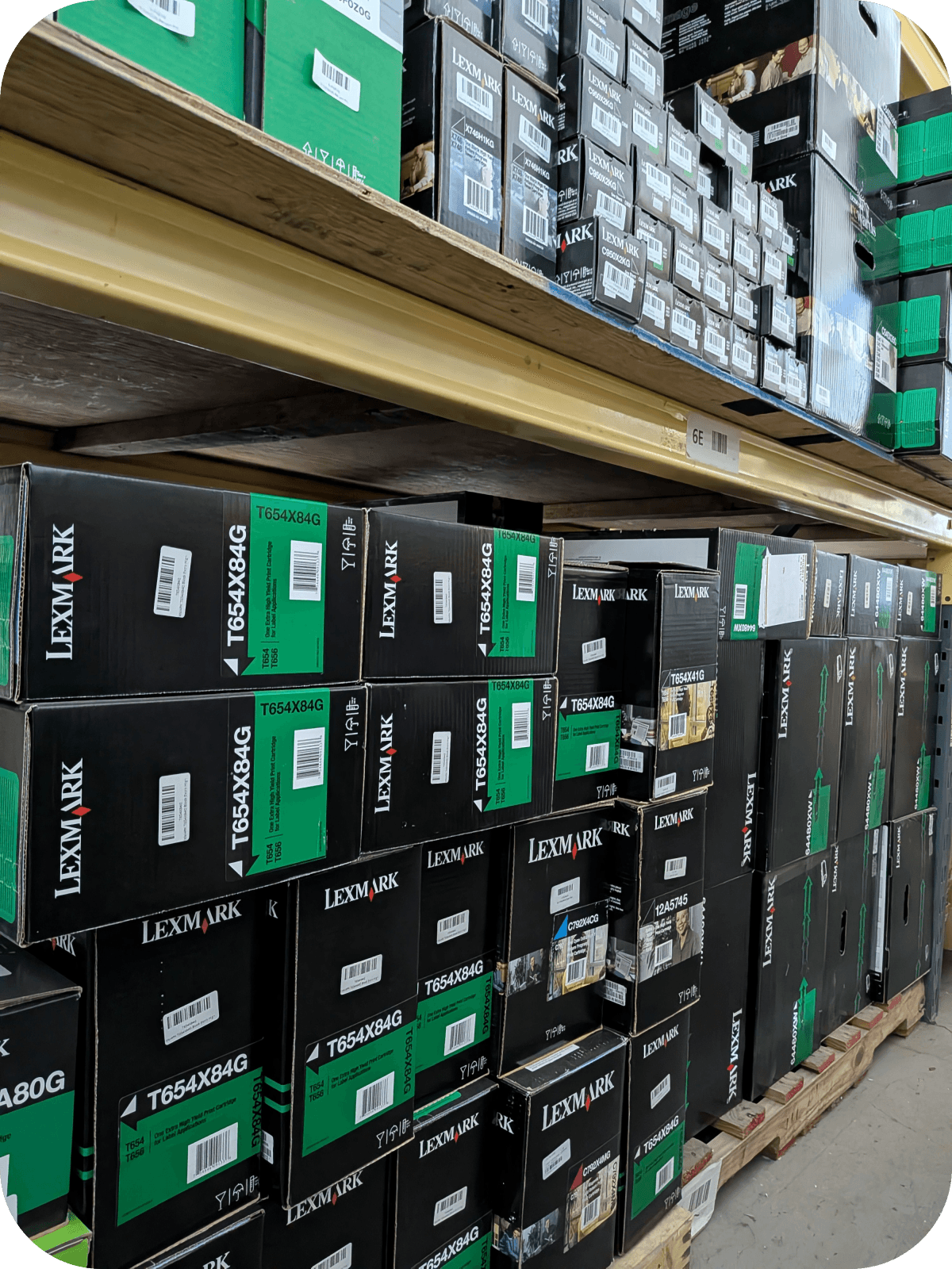Factory sealed unused toner cartridges in office storage
